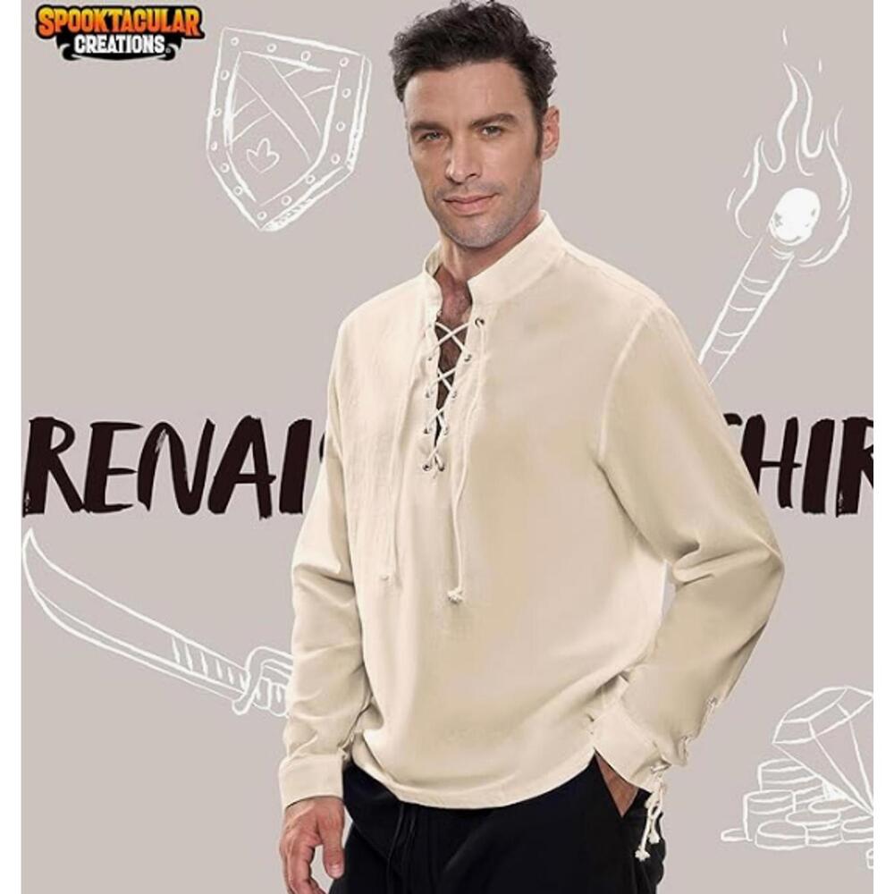 Medieval Renaissance Pirate Costume Shirt - Beige Long Sleeve Top